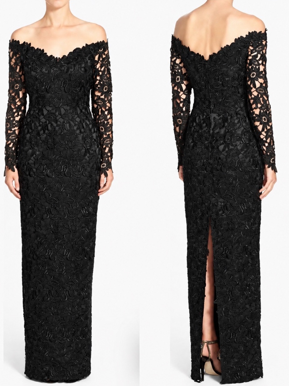 Helen Morley Black Floral Lace Off-Shoulder Evening Gown – Size 14-16